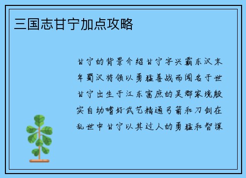 三国志甘宁加点攻略